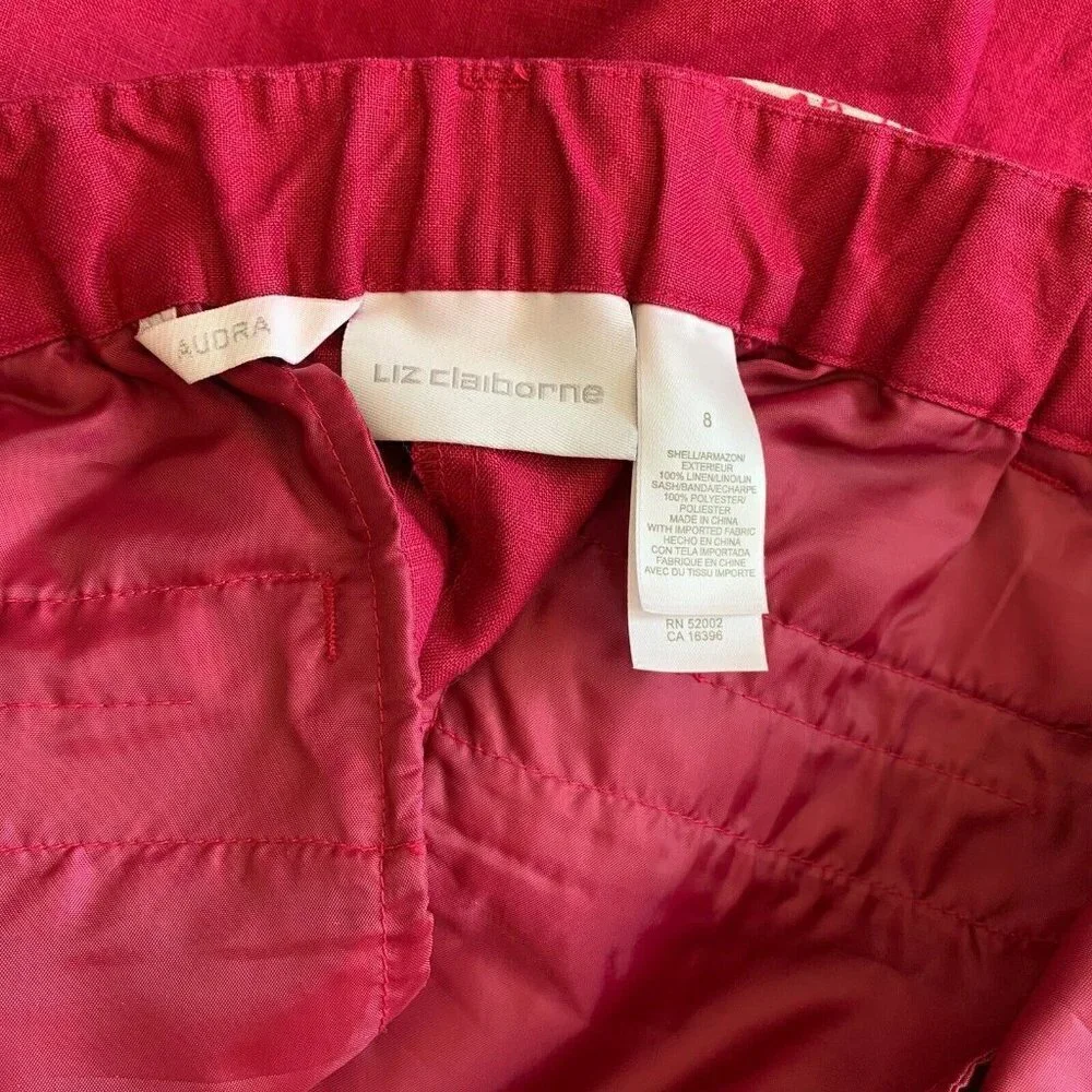 Liz Claiborne Audra Size 8 Wine Color 100% Linen Wide Leg Cropped Belt